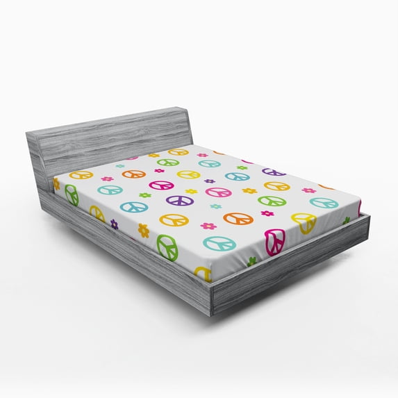 Groovy Fitted Sheet, Peace Lifestyle Sign Slogan Celebration Merry Jolly Happy Theme Design, Soft Decorative Fabric Bedding, Queen Size, Multicolor, by Ambesonne