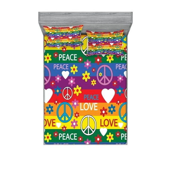 Groovy Fitted Sheet & Pillow Sham Set, Heart Peace Flower Power Political Hippie Cheerful Colors Festival Joyful, Decorative Printed 6 Piece Bedding Decor Set, Calking, Multicolor, by Ambesonne