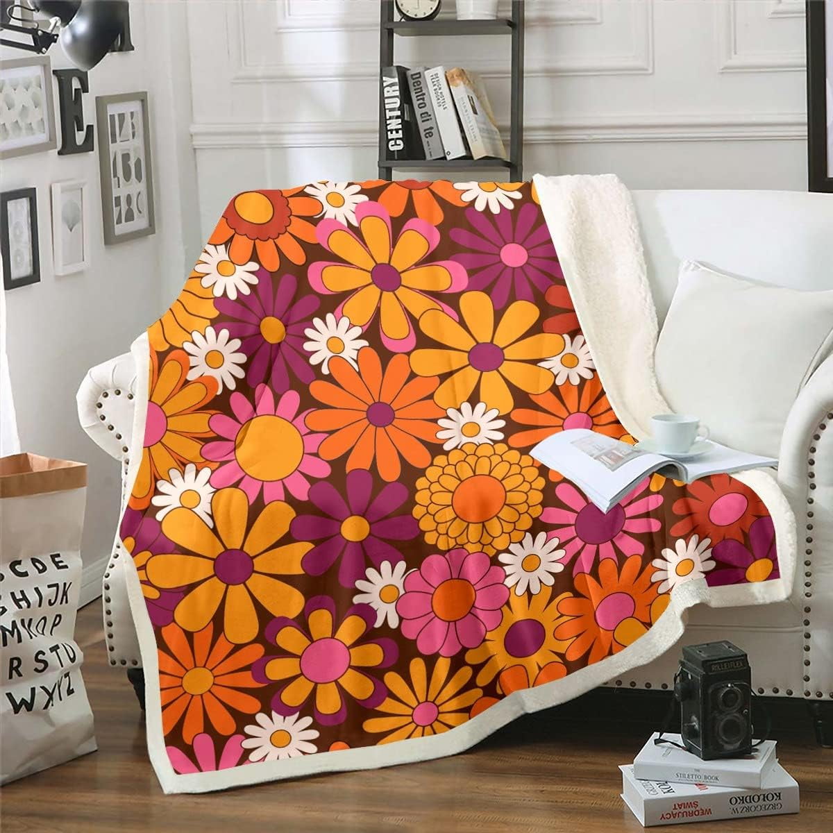 Groovy Floral Blanket for Girls Retro Flower Throw Blanket for Bed Chic Daisy Travel Blanket Throw Size Groovy Party Decorations Fleece Blanket 70s Party Decorations Sherpa Blanket