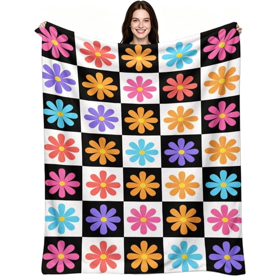 Groovy Floral Checkered Print, Soft Flannel Fleece, Retro 70s Hippie Boho, Warm Throw Blanket, Fun Eclectic Happy Comfort, Y2K Decor, Couch Bed Sofa Leisure