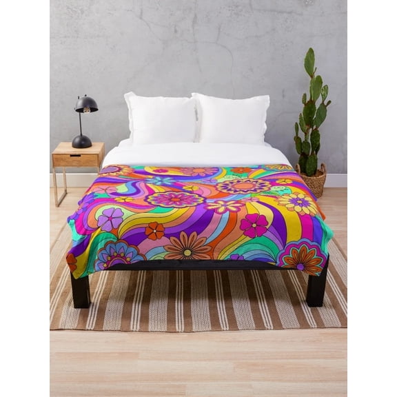 Groovy Floral Sherpa Throw Blanket, Retro 70s Psychedelic Rainbow Fleece Bed Blanket, Soft Polyester Sherpa Blanket