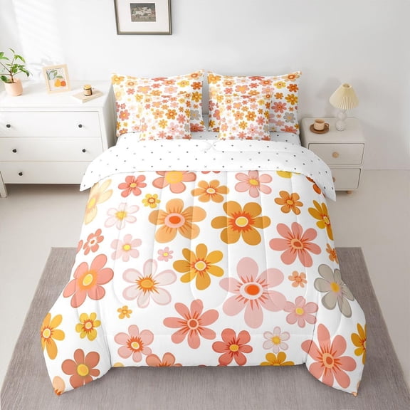 Groovy Flower 7 Piece Comforter Set Twin | Vintage Floral Bed in A Bag Geometric Hippie Garden Funky Sheet Set Breathable Lightweight Pastoral Style Fitted Sheet Reversible