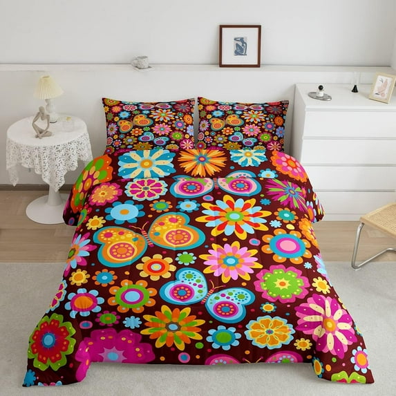 Groovy Flower Comforter 70s Retro Psychedelic Floral Groovy Bedding Queen Women Bohemian Abstract Vintage Hippie Duvet Insert Boho Disco Indie Room Decor Rainbow Butterfly Print Quilt