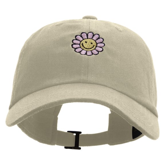Groovy Flower Embroidered Dad Style Unstructured Low Profile 6 panel Cotton Cap - Khaki OSFM
