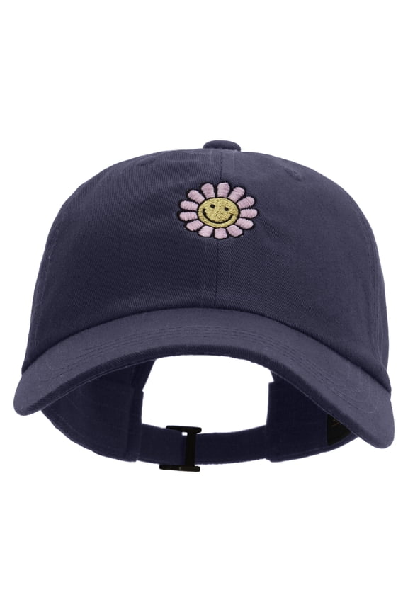 Groovy Flower Embroidered Dad Style Unstructured Low Profile 6 panel Cotton Cap - Navy OSFM