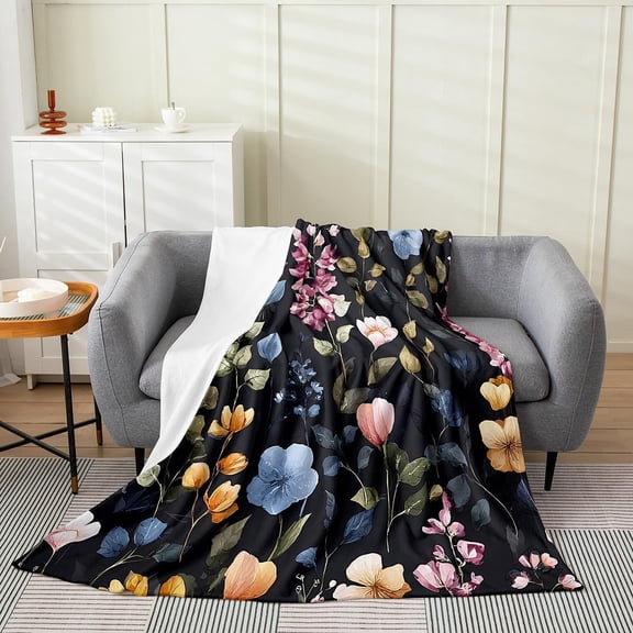 Groovy Flower Flannel Blanket Plush Fuzzy Retro Floral Boho Fleece Throw Blanket 70S Hippie Flowers Bohemian Plush Sofa Throw Floral Baby 30"x40" Black for Bed Couch Chair Living Room