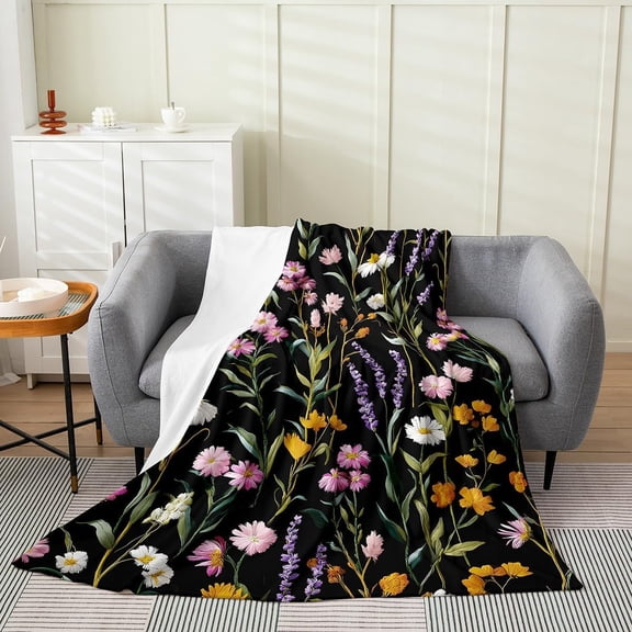 Groovy Flower Plush Throw Blanket Retro Floral Boho Flannel Blanket Baby 30"x40" 70S Hippie Groovy Flowers Bohemian All Season Psychedelic Floral for Couch Bed Sofa Carbon Black Bedroom Decor