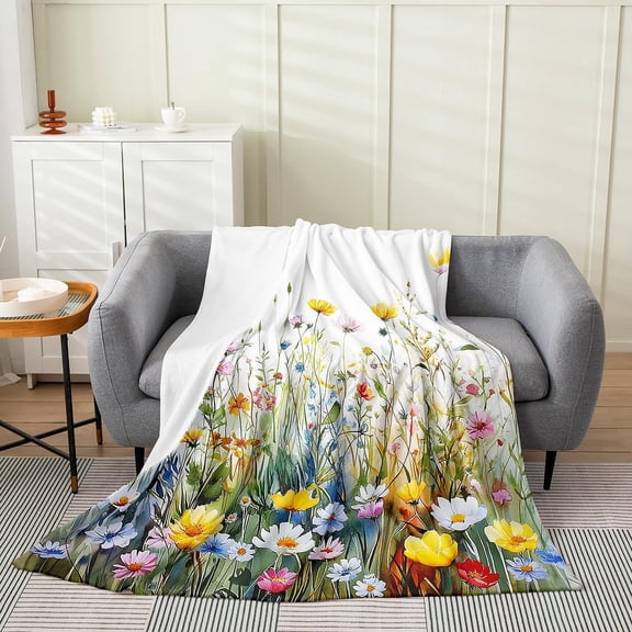 Groovy Flower Plush Throw Blanket Retro Floral Boho Flannel Blanket Twin 60"x80" 70S Hippie Groovy Flowers Bohemian All Season Psychedelic Floral for Couch Bed Sofa White Bedroom Decor