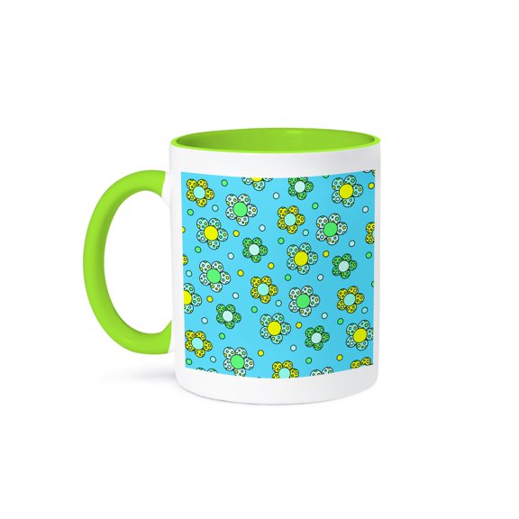 3drose, Groovy Flower Retro 70s Print Design Blue Yellow Green, 11oz Two-tone Green Mug