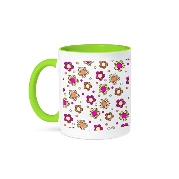 3drose, Groovy Flower Retro 70s Print Design Cream Pink Green, 11oz Two-tone Green Mug