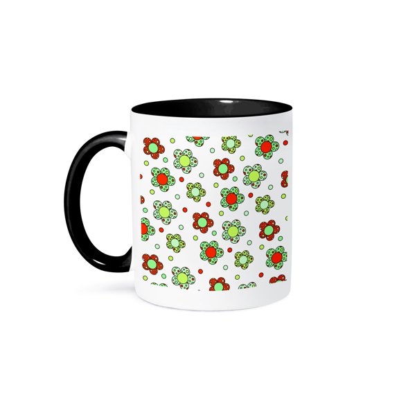 3drose, Groovy Flower Retro 70s Print Design Cream Red Green, 11oz Two-tone Black Mug