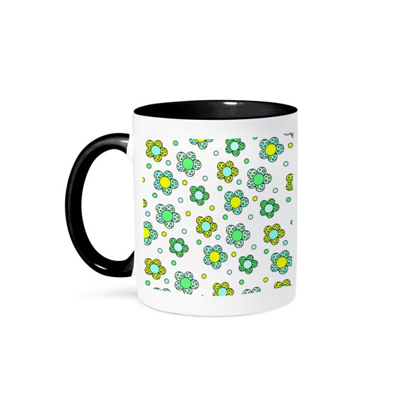 3drose, Groovy Flower Retro 70s Print Design Cream Yellow Green, 11oz Two-tone Black Mug