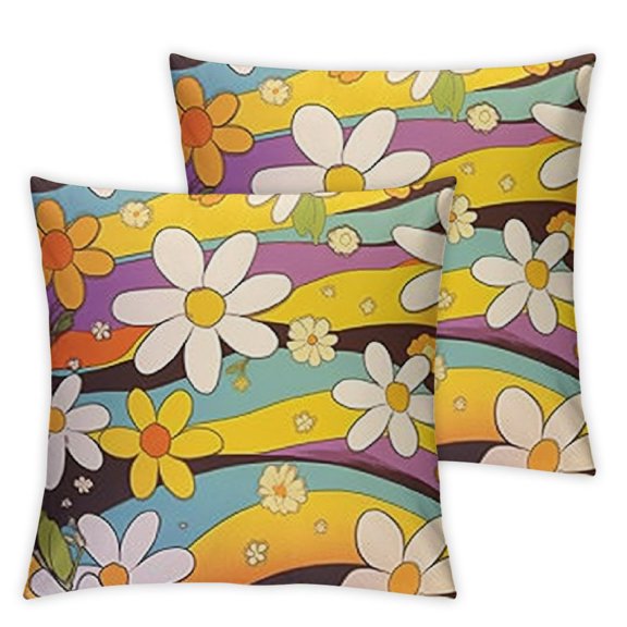 Groovy Flower Throw Pillow Covers Boho Rainbow Floral Cushion Covers for Lumbar Support, Hippie Flowers Bohemian Daisy Pillow Covers, Retro Funky Decorative Pillow Covers