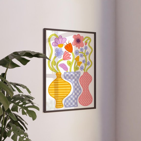 Groovy Flower Wall Art Funky Vase Decor Colorful Wildflower Drawing Checkered Print Trendy Pattern Home Style 2230