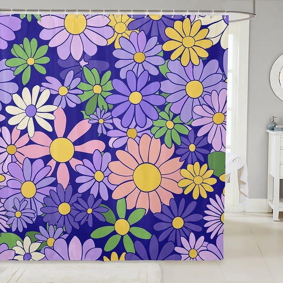 Groovy Flower Waterproof Shower Curtain, Retro Daisy Doodle Design, for Girls and Women