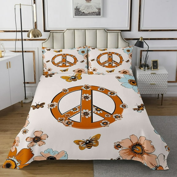 Groovy Flowers Quilt Set Peace Symbol Print Bedspread Set Boho Hippie Style Coverlet Set King Yellow Vintage Flowers Quilted Coverlet for Bedroom Decor