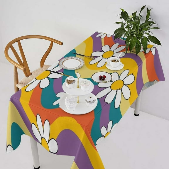 Groovy Flowers Tablecloth, 60s 70s Retro Floral Cute Hippie White Chrysanthemum Flower Print Table Cloth Cover for Party Picnic Tabletop Dining Room Indoor and Outdoor Dining 60x120inch