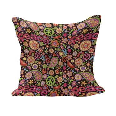 Groovy Fluffy Throw Pillow Cushion Cover, Hippie Colorful Paisley Leaves Music Keys Typography Idealism Historic Revolution, Rectangle Accent Pillow Case, 36" x 16", Multicolor, by Ambesonne