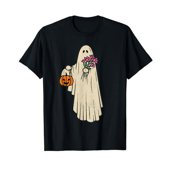 Groovy Ghost Holding Flower Pumpkin Halloween Spooky Season T-Shirt