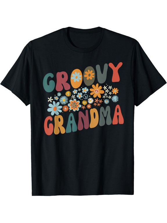 t-shirt Groovy Grandma Retro Colorful Flowers Design Grandmother T-Shirt mens,black,women,funny,journey,Crew Neck, Short Sleeve,printing