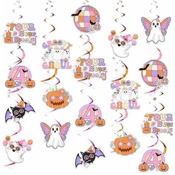 Groovy Halloween 4th Birthday Party Decorations 24*Pcs Four Ever Spooky Groovy Halloween Hanging Swirls Retro Hippie Boho Hanging Decor Ghoul Spooky Birthday Supplies for 4 Year Old