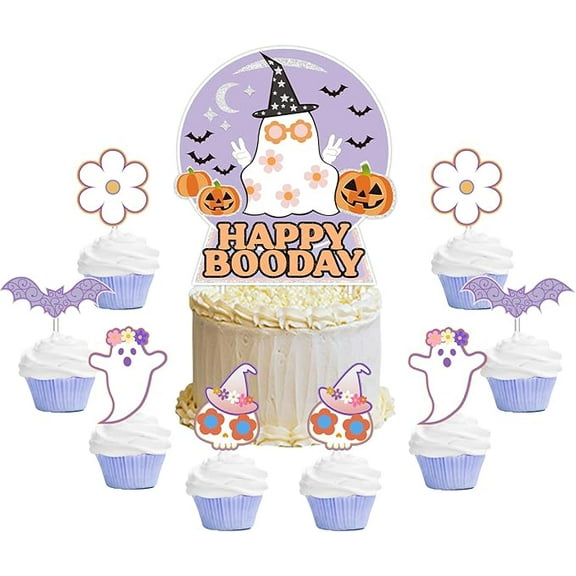 Groovy Halloween Birthday Cake Topper Purple Halloween Hippie Birthday Cake Cupcake Toppers Happy Booday Cake Topper Ghost Skull Daisy Bat Cake decor for Halloween Hippie Birthday Party Supplies