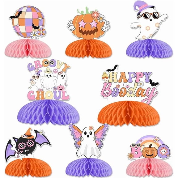 Groovy Halloween Birthday Decorations 8PCS Halloween Ghost Honeycomb Centerpieces Groovy Ghoul Table Decor Hippie Happy Boo Day Decor for Spooky One Two Spooky Vintage Retro Party