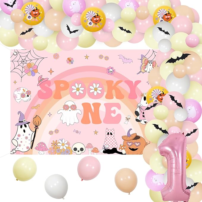 Groovy Halloween Birthday Decorations Pink Spooky One Backdrop Number 1 Foil Balloon 3D Bat Stickers Hippie Flower Ghost Printed Balloon Garland Arch Kit for Girls First Birthday Party Supplies