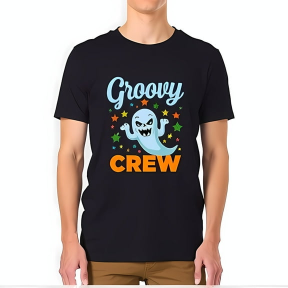 Groovy Halloween Cotton Short Sleeve T-Shirt with Cartoon Ghost & Colorful Stars Design