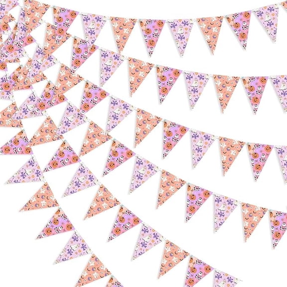 Groovy Halloween Decorations 3PCS Halloween Pennant Banner Triangle Flags with Ghost Pumpkin Bats Hippie Groovy Ghost for Spooky Boho Vintage Daisy Birthday Baby Shower