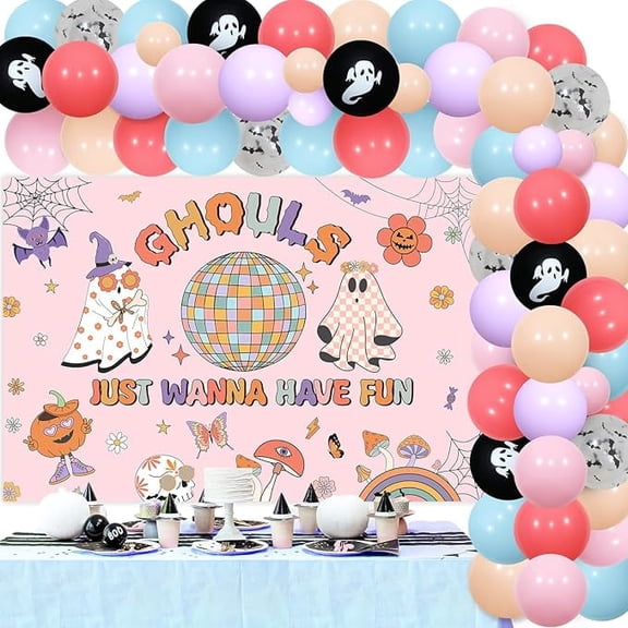 Groovy Halloween Decorations with Ghouls Just Wanna Have Fun Backdrop Banner Pastel Halloween Garland Kit for Retro Groovy Hippie Ghost Boo Birthday Wedding Engagement