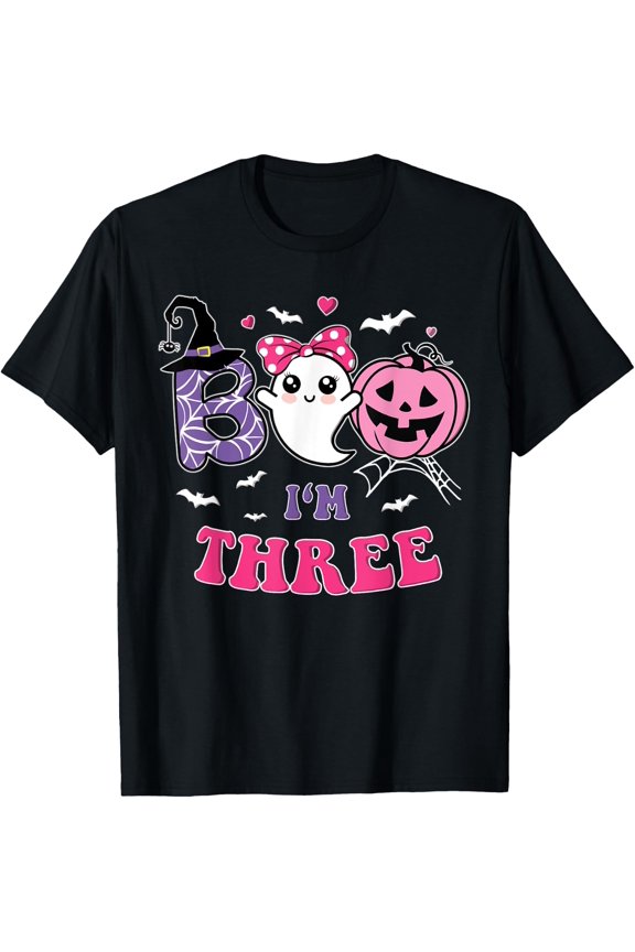Groovy Halloween Ghost Boo I'M Three Year 3Rd Birthday Girl T-Shirt BLACK Unisex S-5XL Hot Trending Shirt, Vintage Birthday Gift