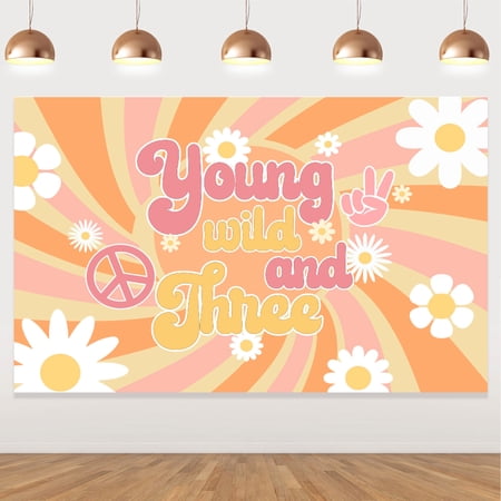 Groovy Happy Birthday Backdrop Banner, Young Wild Three 3rd Birthday Backdrop for Photography Boho Backdrops Third Birthday Party Decorations 3 Years Old Photo Booth Props