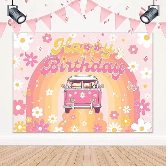 Groovy Happy Birthday Backdrop Retro 70s Vintage Y2k Pink Orange Daisy Flower Rainbow Car for Girls Hippie Photography Background Decorations Photo Booth Studio Prop