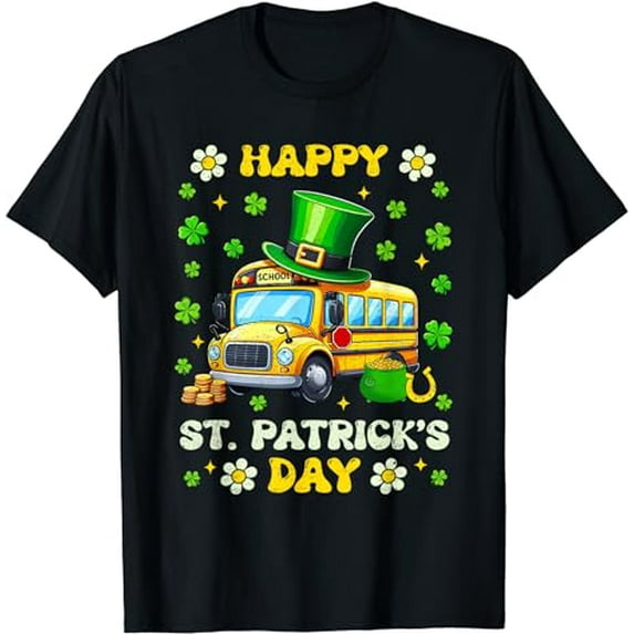 Groovy Happy St. Patrick's Day School Bus Shamrocks Driver T-Shirt