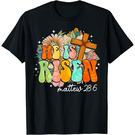 Groovy He Is Risen Cross Jesus Religious Easter Christians T-Shirt