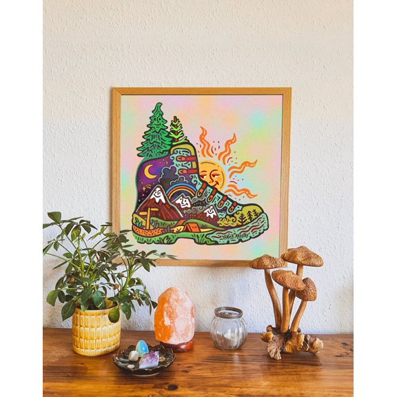 Groovy Hiking Boot Landscape Poster Retro Nature Art Wall Decor 8x12 UNFRAMED