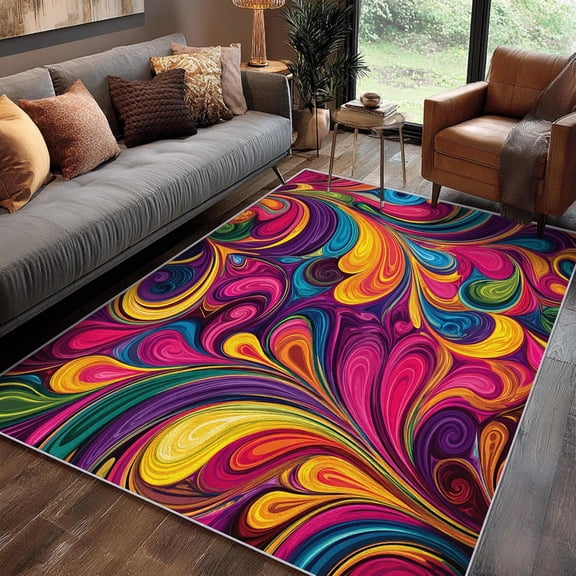 Groovy Hippie 1970s Vibrant Area Rug, Retro Design Carpet, Washable Non Slip Soft Low Pile, Living Room Bedroom Kitchen Office Mat 5x8ft