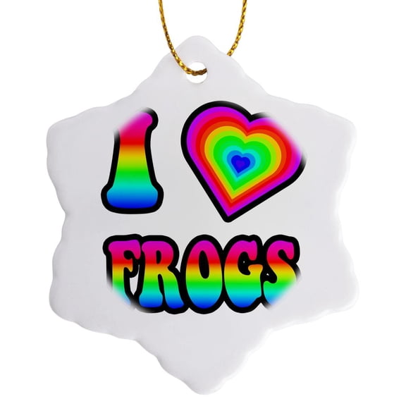 Groovy Hippie Rainbow I Heart Love Frogs, 3 inch Snowflake Porcelain Ornament