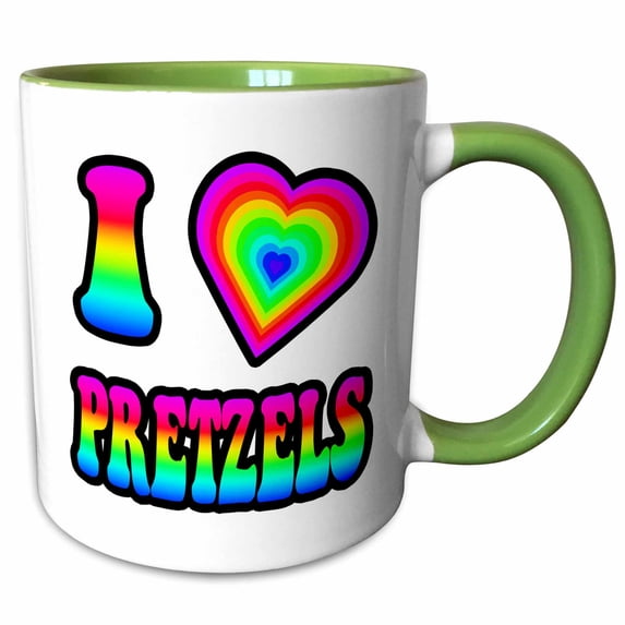 3drose, Groovy Hippie Rainbow I Heart Love Pretzels, 11oz Two-tone Green Mug