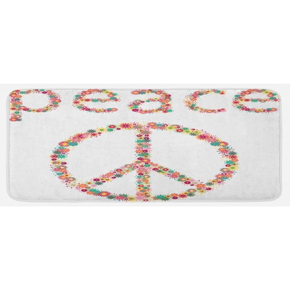 Groovy Kitchen Mat, Sign of Pacifism Wildflowers in Summertime Activities Design Print, Plush Decorative Kitchen Mat with Non Slip Backing, 47" X 19", Multicolor, by Ambesonne