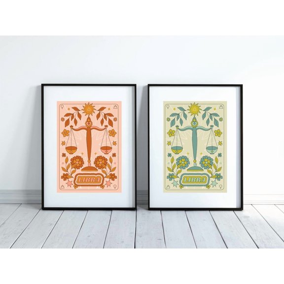 Groovy Libra Zodiac Poster Set Retro 70S Wall Art Home Decor Office Wall Art Set 2