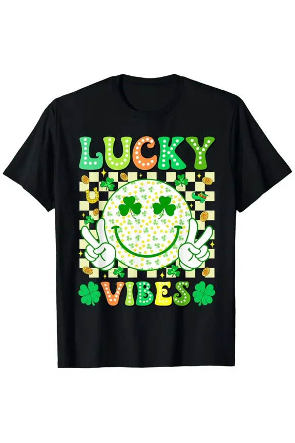 Groovy Lucky Vibes St Patricks Day Smiley Unisex Short Sleeve Graphic Crewneck Tee