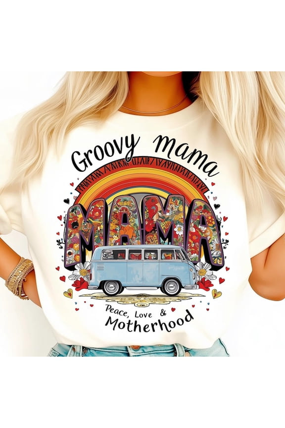 Groovy Mama Shirt, Retro Hippie Van Tee, Boho Floral Mom T-Shirt, Peace Love Funky Mama Shirt, 70s Aesthetic Motherhood Graphic Tee