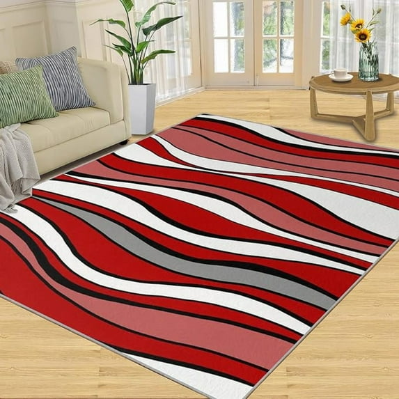 Groovy Modern Red Indoor Bedroom Carpet, Abstract Red Gray White Wavy Sripes Area Rug, Non Slip Washable Foldable Mat For Living Room Entryway Hallway Office Apartment Study Room 4x5ft