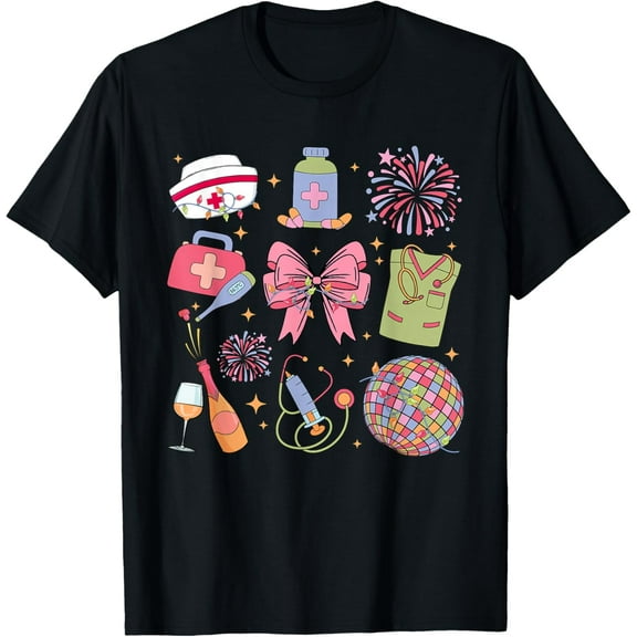 Groovy New Year 2025 ER ICU Nurse Coquette Party T-Shirt with Colorful Cartoon Graphics