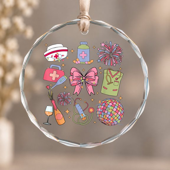 Groovy New Year ER ICU Nurse Coquette Party Theme Ornament, Room Decoration, Circle Glass Ornament