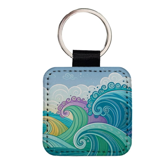 Groovy Ocean Waves Faux Leather Square Keychain