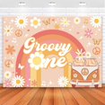 thumbnail image 1 of Groovy One Happy Birthday Backdrop Daisy Floral Girls 1st Birthday Party Decorations for Newborn Boho Rainbow Bus First Birthday Photography Background Cake Table Banner, 1 of 4