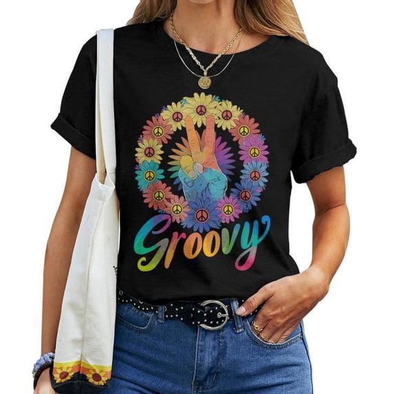 Groovy Peace Sign Tie Dye Hippie Women T-Shirt - Retro 60s Hippie Tee - Colorful Tie-Dye Apparel - Peace and Love Graphic Shirt - Boho Festival Gift